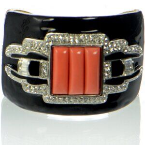 Kenneth Jay Lane KJL Black Enamel Coral Deco Cuff Bracelet